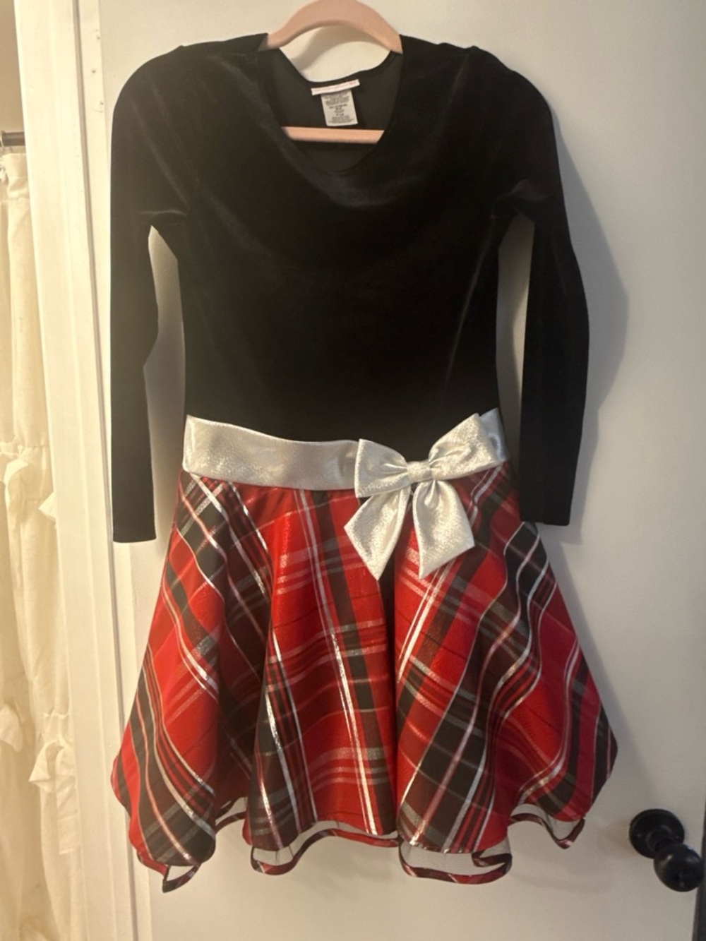 Bonnie Jean Black Velvet Top with Red Plaid Skirt and Silver Bow